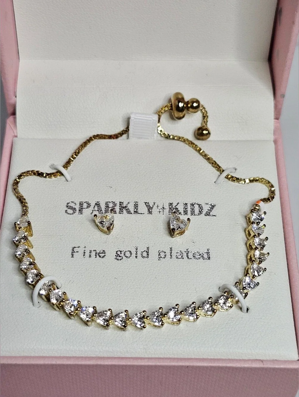 Sparkly Kidz Crystal-paved Tennis Bolo Bracelet & Heart Stud Earrings Set